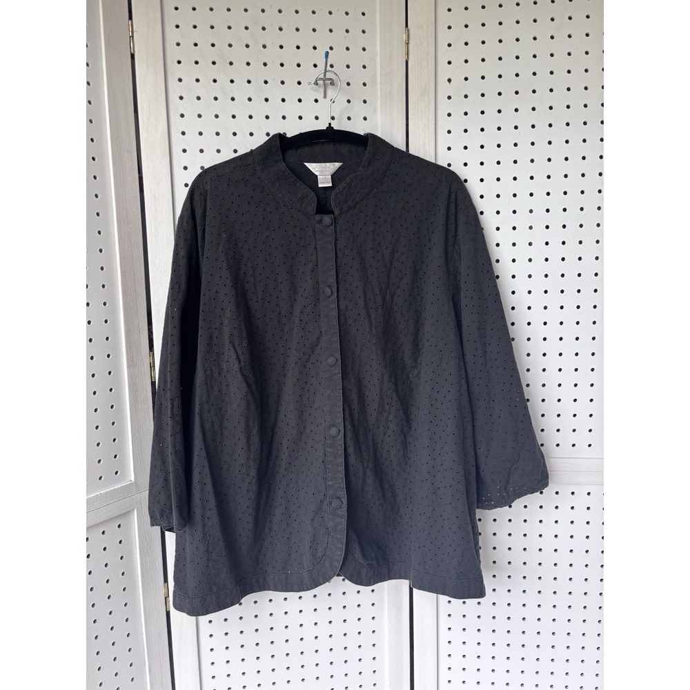 CJ BANKS Womens 2X Eyelet 3/4 SLV Black Button Down Blouse Shirt Cotton
